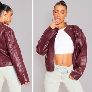 Cherry Red Faux Leather Washed Boxy Biker Jacket